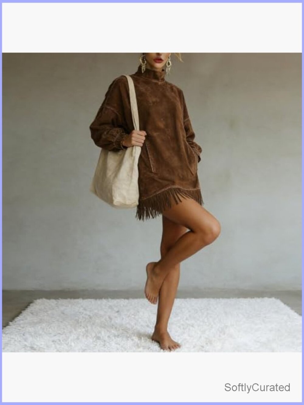 Faux Suede Fringe Mockneck Mini Dress Long Sleeve Loose Fit with Pockets - Picture 5 of 7